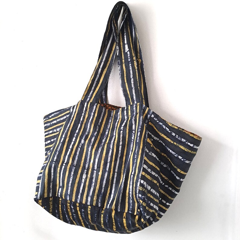 African print tote bag, Batik beach bag, Black and yellow adire tote bag image 2