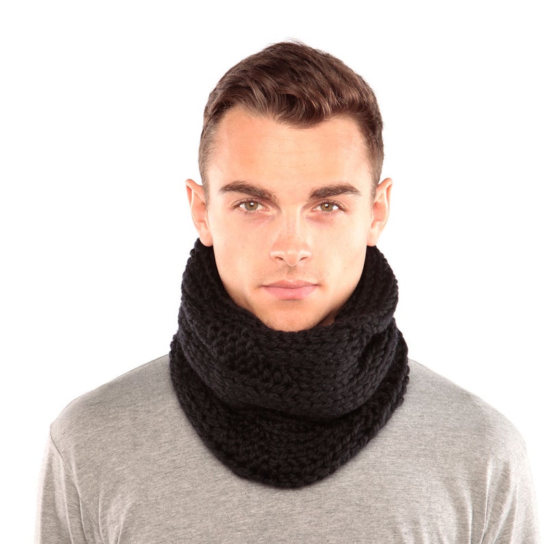 Black Wool Scarf, Black knitted scarf, Gift For Men, Snood for men image 1