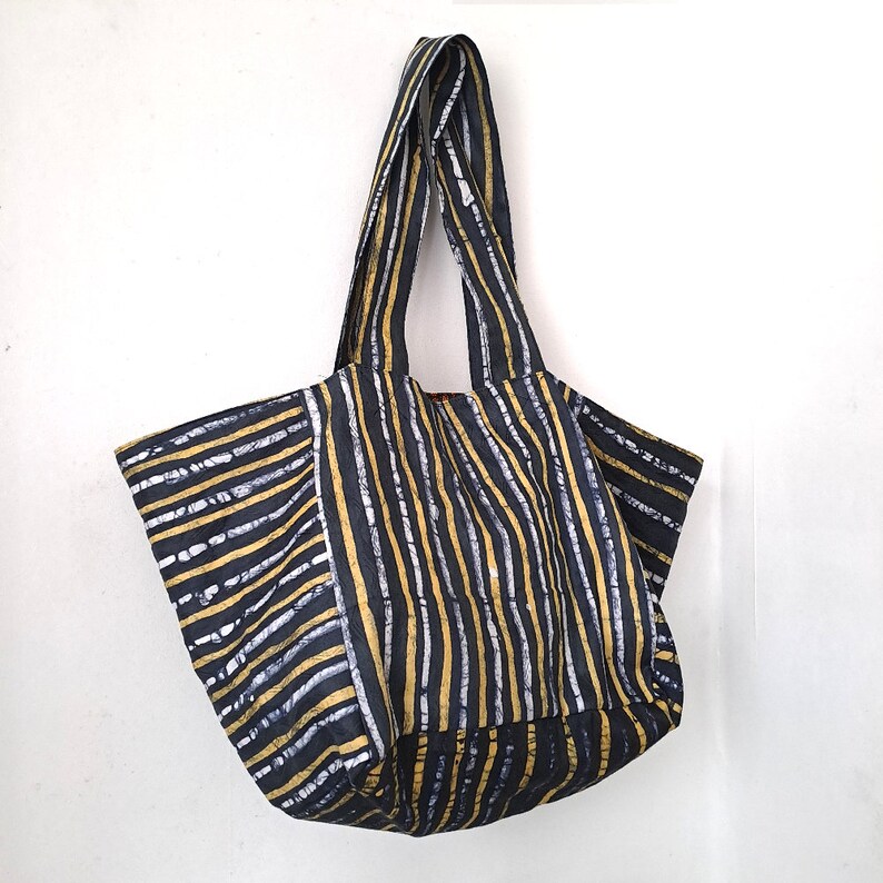 African print tote bag, Batik beach bag, Black and yellow adire tote bag image 3