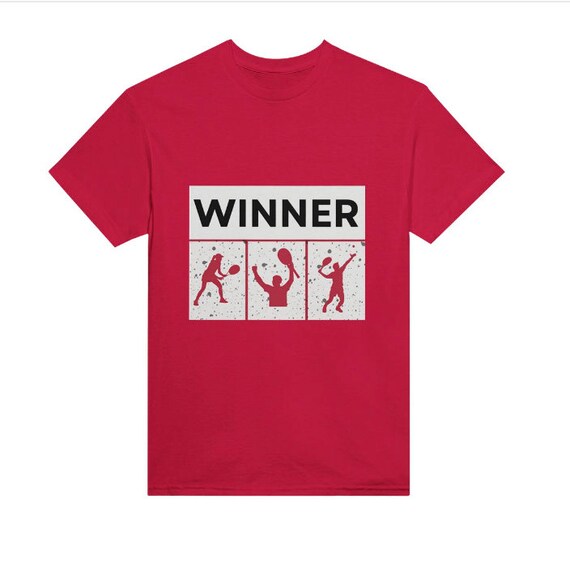 Winner Tennis Shirt: Champion Poses With 'winner' Text Victory