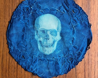 Upcycled vintage linen, skull cyanotype