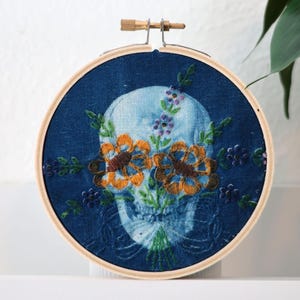 Skull on vintage embroidered linen - original cyanotype