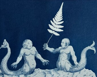 Original cyanotype blue wall art - mermaid courtship