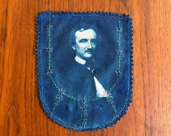 Edgar Allan Poe upcycled linen - original cyanotype