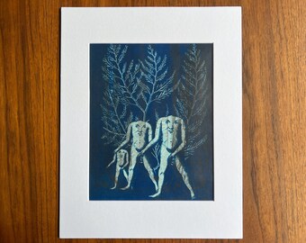 Original, handmade blue cyanotype wall art: Blemmyes in the redwoods