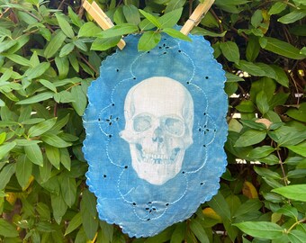 Upcycled vintage linen, skull cyanotype