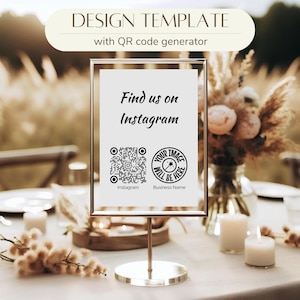 May include: A white sign with a black frame on a silver stand. The sign says "Find us on Instagram" and has two QR codes. The first QR code is labeled "Instagram" and the second QR code is labeled "Business Name".