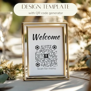 Peut inclure: Panneau encadré d'or avec le mot "Bienvenue" et un code QR noir et blanc. Le texte sous le code indique "Scanner pour le menu".