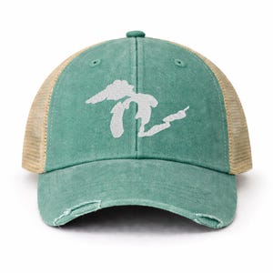 Embroidered Great Lakes Trucker Hat – Distressed Vintage Mesh Cap Green