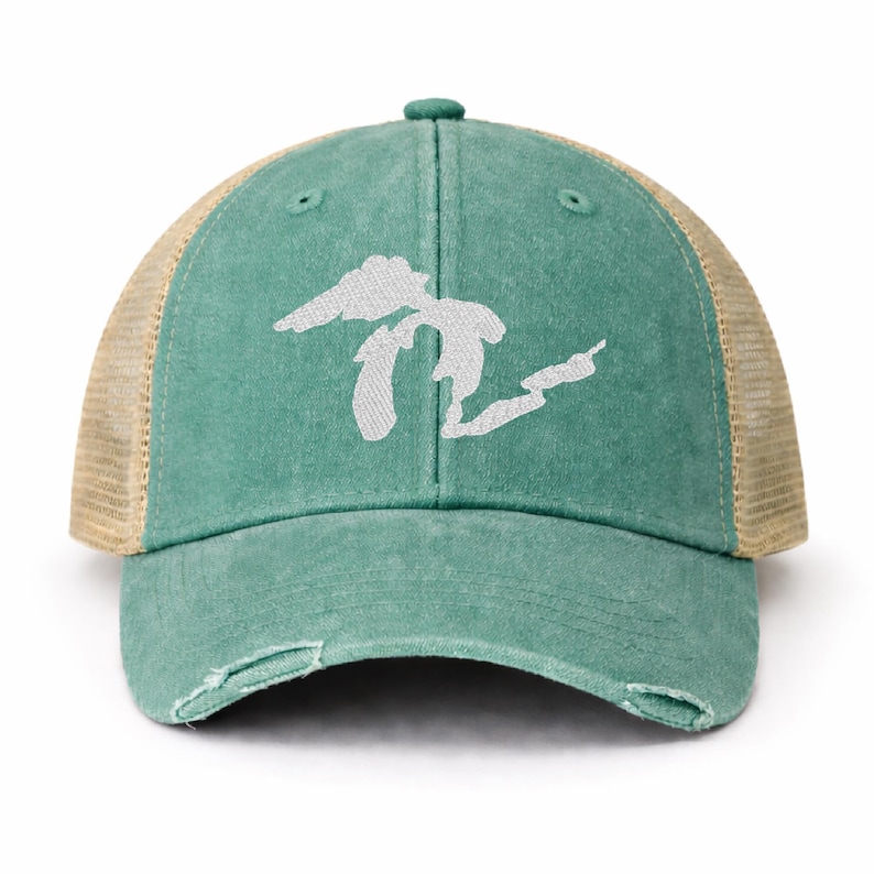 Embroidered Great Lakes Trucker Hat – Distressed Vintage Mesh Cap Green