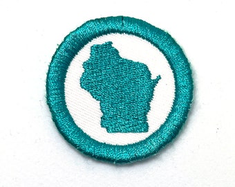 Teal Wisconsin WI Mini Iron-On Patch - 1 1/2 inch Round Small Jacket Patch - Embroidered DIY Badge Trucker Hat Patches