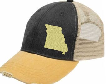 Distressed Missouri Trucker Hat with Off-Center Embroidery and Snapback Closure