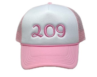 209 Area Code Pink and White Foam Trucker Hat Raised Puff 3D Embroidery