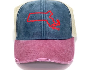 Trucker Hat Fabric State Snapback Red Massachusetts on Red Navy Hat