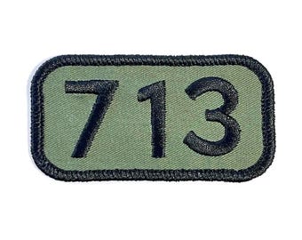 Custom Area Code Iron-on Patch | black on olive | Customized Embroidered Patch Trucker Hat Patches