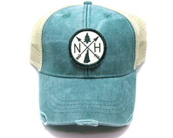 Distressed New Hampshire Trucker Hat with Embroidered Compass Patch and Pine Tree