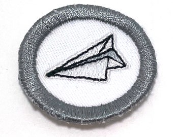 Paper Airplane Mini Iron-On Patch - 1 1/2 inch Round Small Jacket Patch - Embroidered DIY Badge Trucker Hat Patches