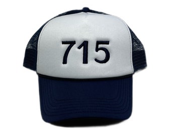 715 Area Code Navy and White Foam Trucker Hat Raised Puff 3D Embroidery