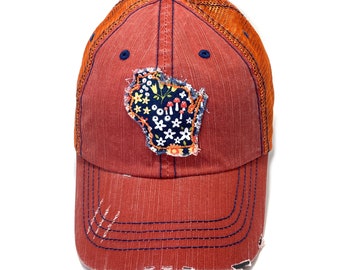 Hat Sale Sample Clearance | Orange Floral Trucker Hat Fabric Wisconsin Trucker Cap