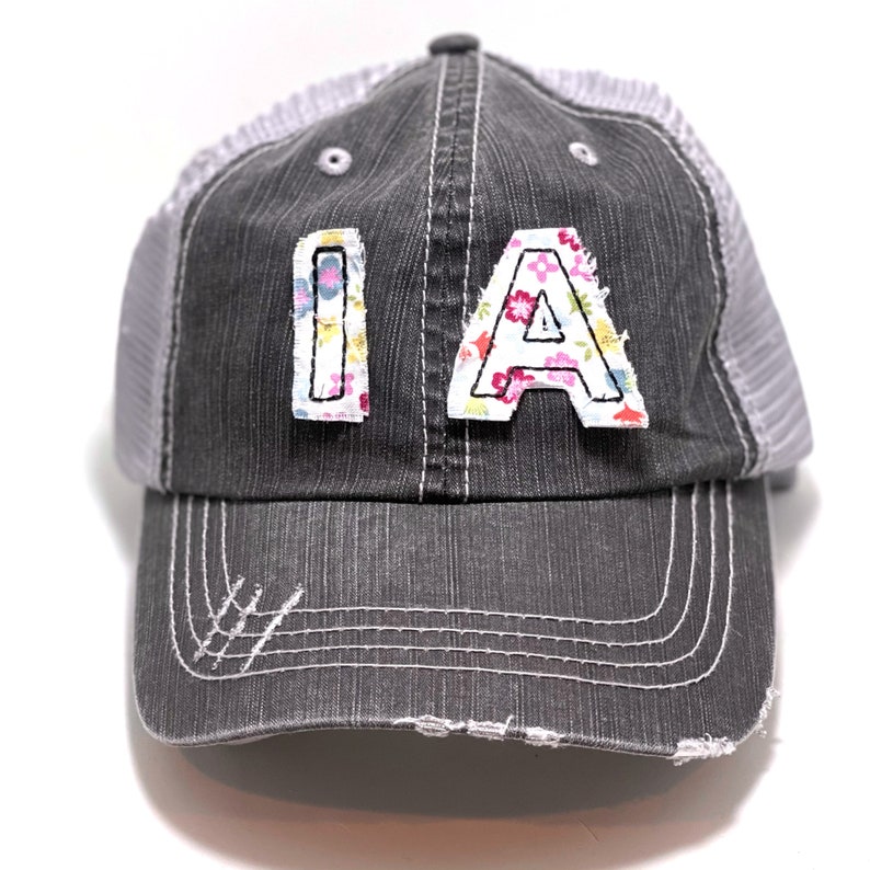 Ponytail or Messy Bun Trucker Cap Iowa Initials Hat Many Fabric Choices
