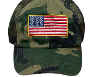 American Flag on Camo Vintage Trucker Hat