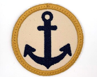 Navy Blue and Gold Anchor Iron-On Round Patch - Medium-Sized Embroidered Sew-On Applique for Jackets, Backpacks, and Clothing