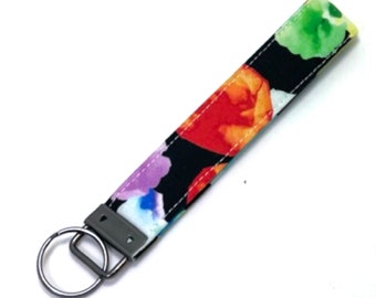 CLEARANCE Rainbow Watercolor Keychain Wristlet - Fabric Wrist Key Ring Fob