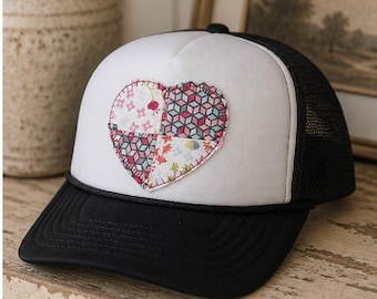 One of a Kind Quilt Heart Trucker Hat – Vintage Patchwork Cap, Cottagecore Boho Hat, Handmade Gift for Her