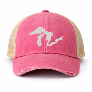 Embroidered Great Lakes Trucker Hat – Distressed Vintage Mesh Cap Red