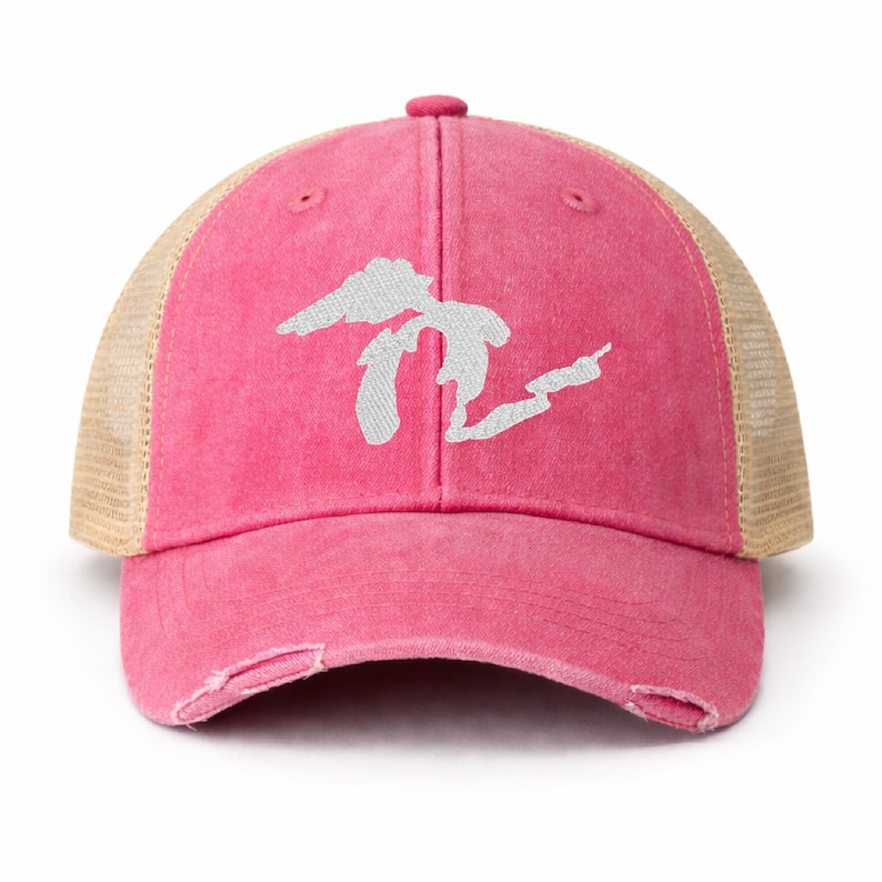 Embroidered Great Lakes Trucker Hat – Distressed Vintage Mesh Cap Red