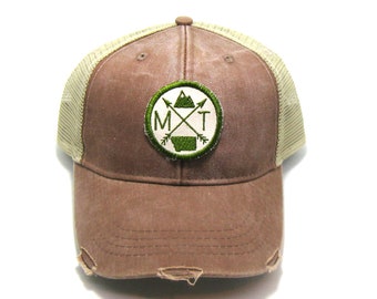 Montana Patched Hat | Distressed Snapback Trucker Cap | Montana Arrow