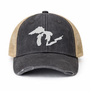 Embroidered Great Lakes Trucker Hat – Distressed Vintage Mesh Cap Black