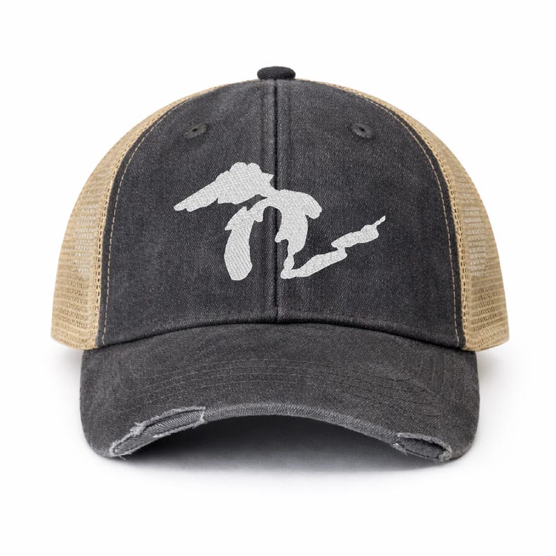 Embroidered Great Lakes Trucker Hat – Distressed Vintage Mesh Cap Black