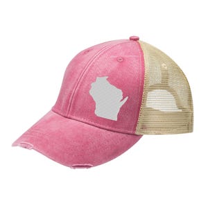 Distressed Trucker Hat with Wisconsin Embroidery – Customizable Colors
