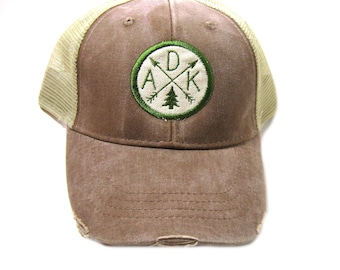 Adirondacks Patched Hat | Distressed Snapback Trucker Cap | ADK Arrow