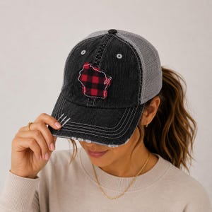 Gray Distressed Trucker Hat with Buffalo Plaid State Patch