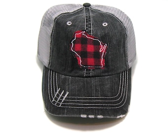 Gray Distressed Trucker Hat - Red Buffalo Check - All US States