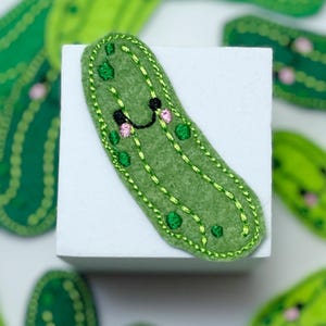 Kawaii Pickle Patch – Cute Embroidered Iron-On Pickle with Face | Green Pickle Applique for Jackets, Backpacks, Crafts
