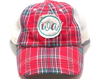 Trucker Hat Fabric State Patch WA Washington Red Plaid