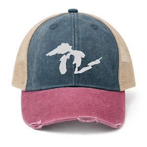 Embroidered Great Lakes Trucker Hat – Distressed Vintage Mesh Cap Navy/Red
