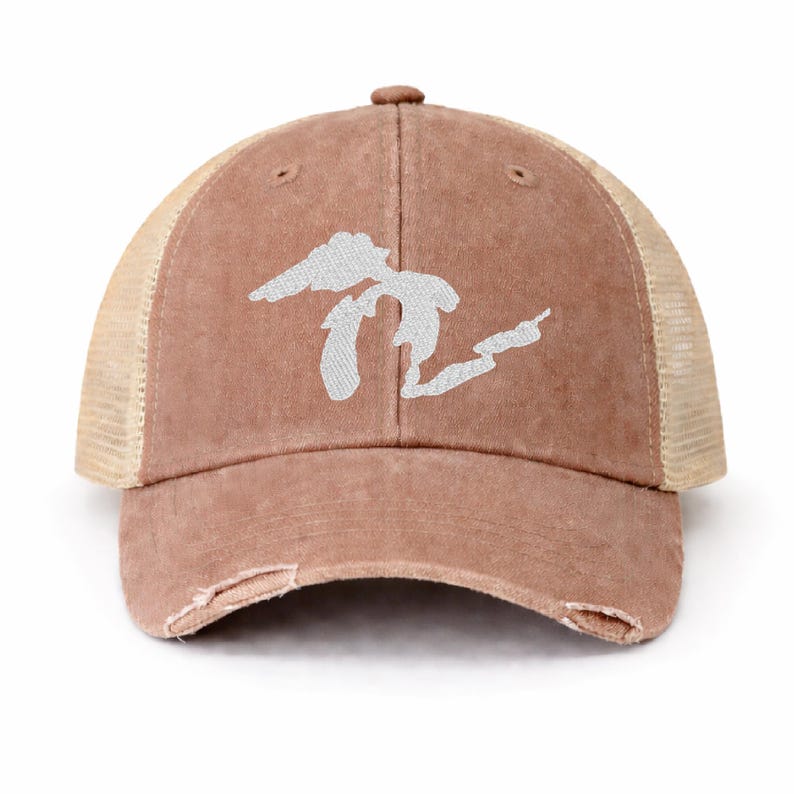 Embroidered Great Lakes Trucker Hat – Distressed Vintage Mesh Cap Mud
