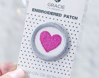 Pink Heart Mini Iron-On Patch - 1 1/2 inch Round Small Jacket Patch - Embroidered DIY Badge Trucker Hat Patches