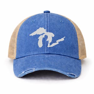 Embroidered Great Lakes Trucker Hat – Distressed Vintage Mesh Cap Royal