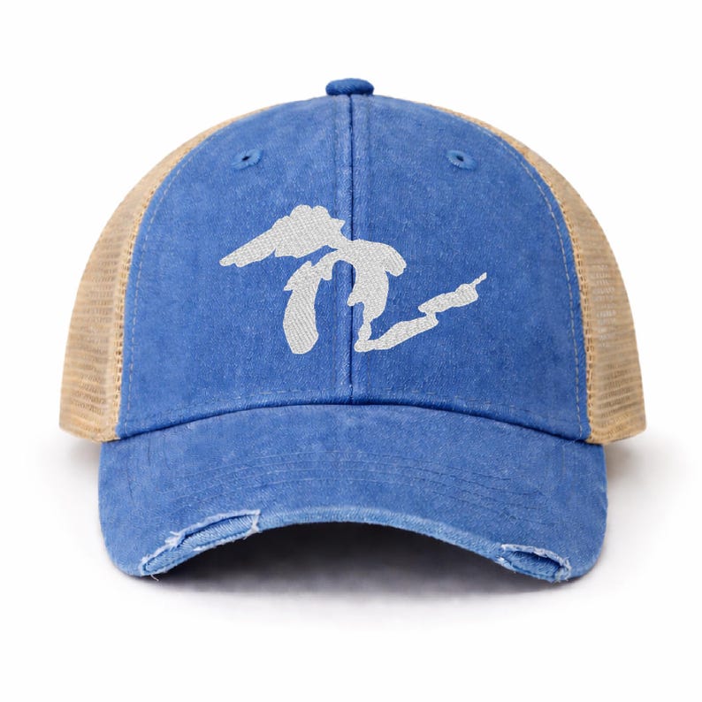 Embroidered Great Lakes Trucker Hat – Distressed Vintage Mesh Cap Royal