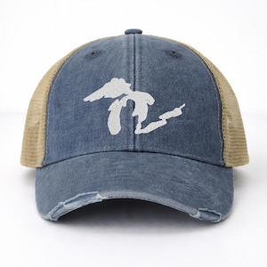 Embroidered Great Lakes Trucker Hat – Distressed Vintage Mesh Cap Navy Blue