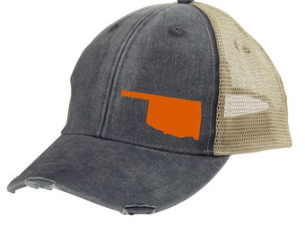 Oklahoma Hat - Unique Distressed Trucker Hat with Custom State Embroidery