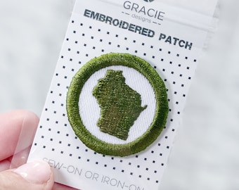 Embroidered Iron-On Patch Olive Green Wisconsin WI | Round Small Jacket Patch | Hat patch | Backpack Patch | DIY