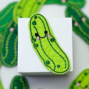 Kawaii Pickle Patch – Cute Embroidered Iron-On Pickle with Face | Bright Green Pickle Applique for Jackets, Backpacks, Crafts