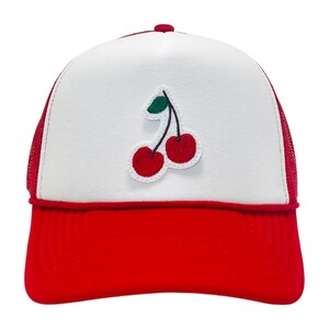 Embroidered Cherry Patch Hat Vintage Inspired Red And Green Trucker Cap