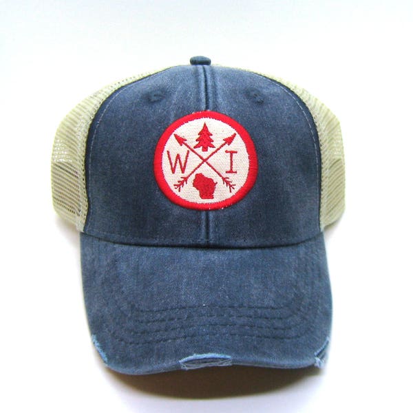 Wisconsin Patched Hat | Navy Blue Distressed Snapback Trucker Cap | Wisconsin  Arrow